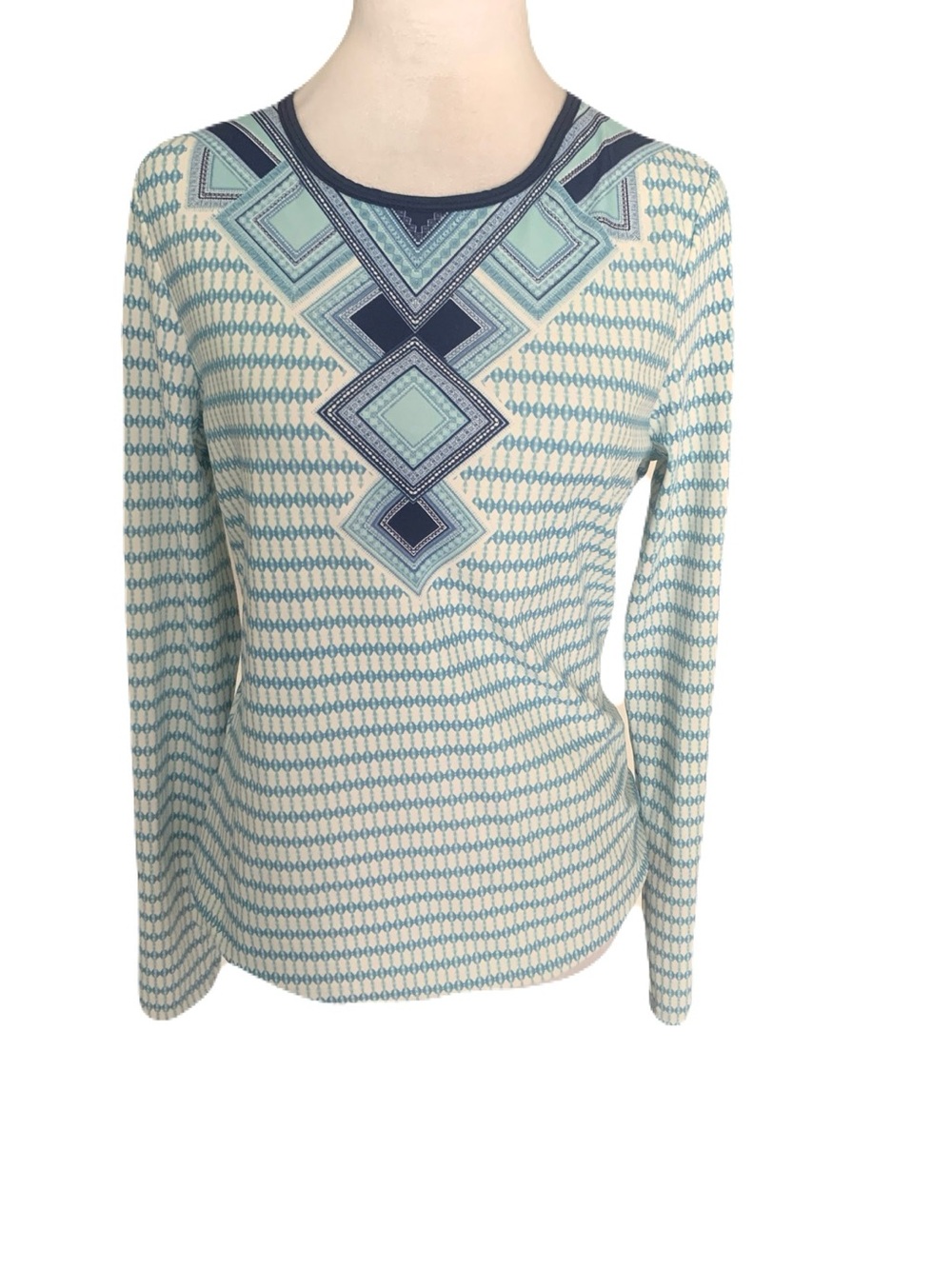Cabana Life Womens Medium Blue & White Long-Sleeve Geometric Yoke Top UPF Beach